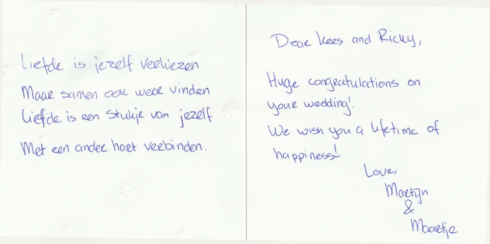 Wedding card with two handwritten message panels.