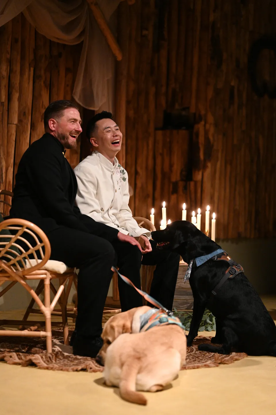 Ricky and Kees seated together at their wedding ceremony, with their dogs at their feet.