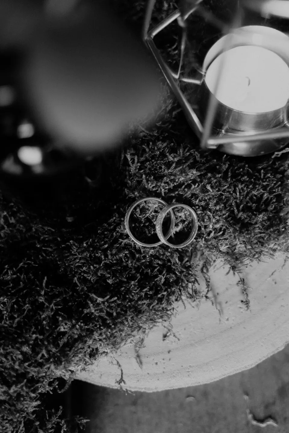 Black-and-white close-up of the two wedding rings.