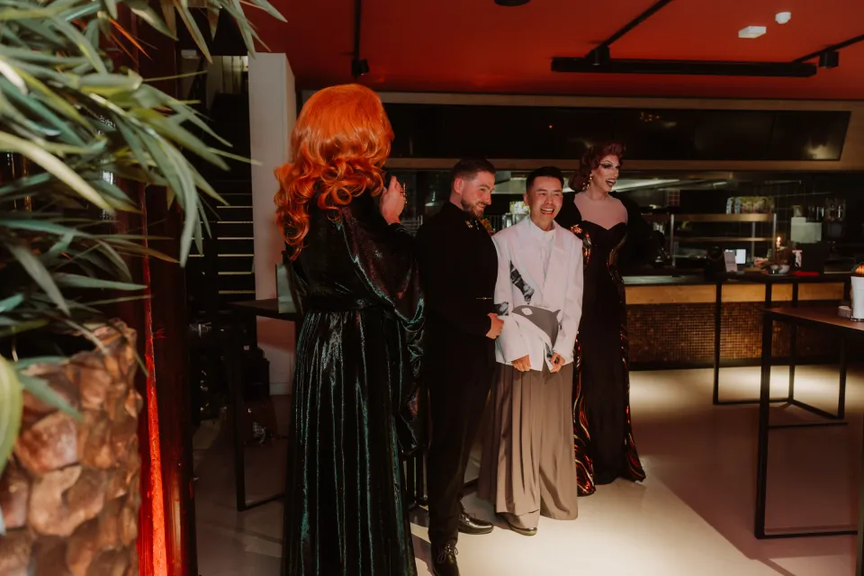 The drag performer beginning the evening with Ricky and Kees and their guests.