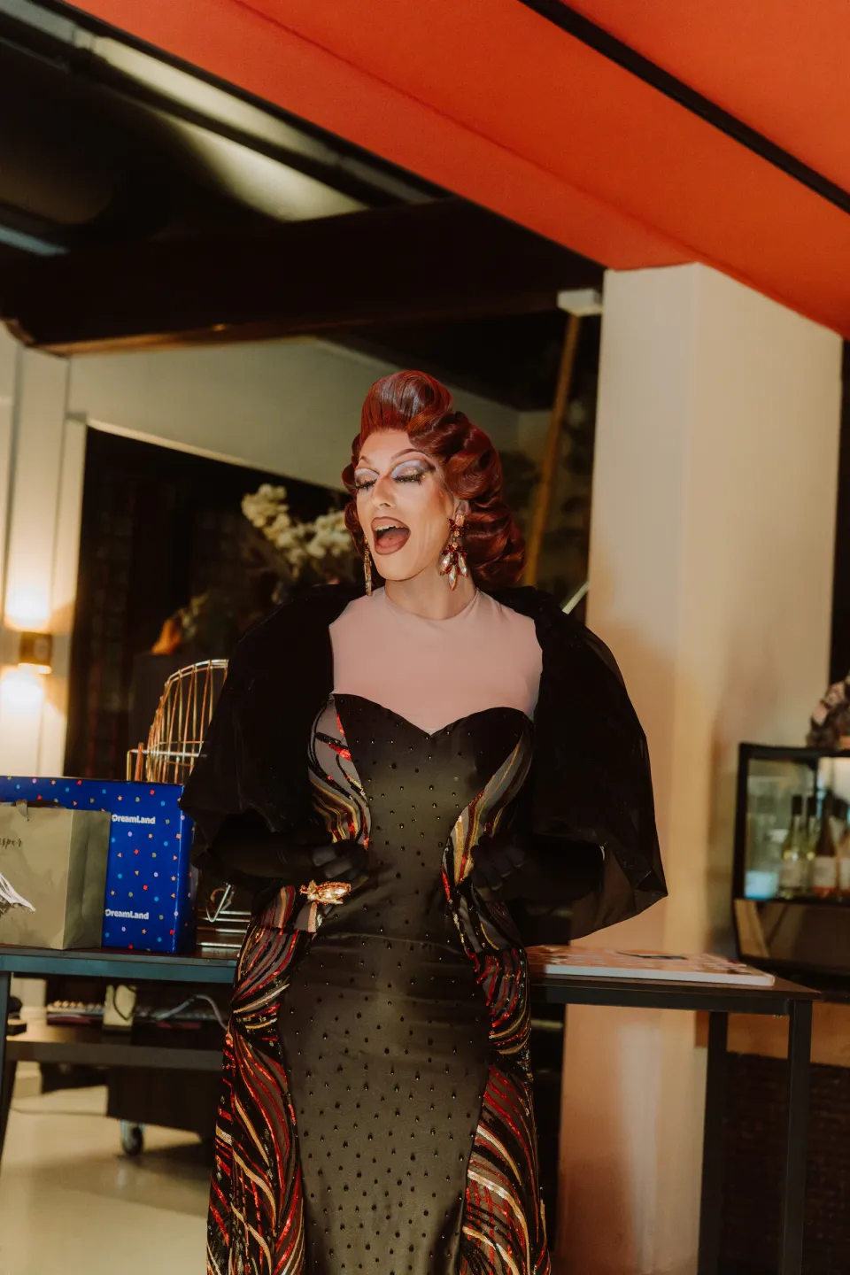 The drag performer during the lip-sync performance.