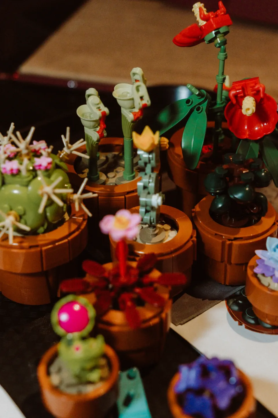 The completed LEGO set, with colourful flowers and individual builds brought together.