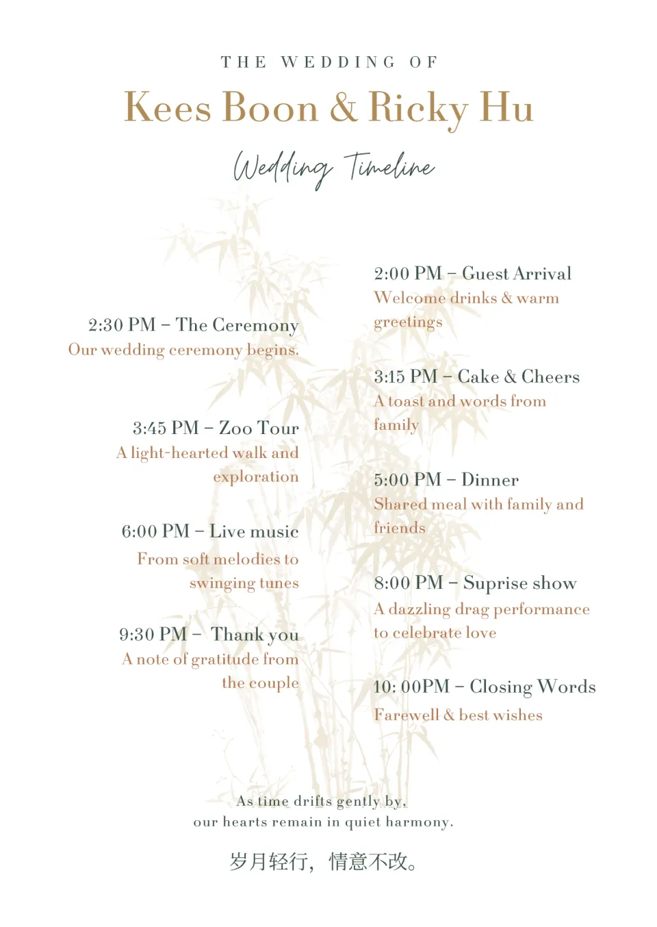 Original printed wedding timeline, showing the planned schedule.